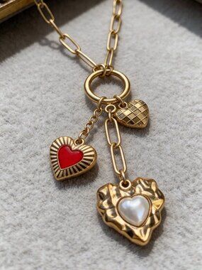 Gold Multi Heart Charm Necklace Stainless Steel